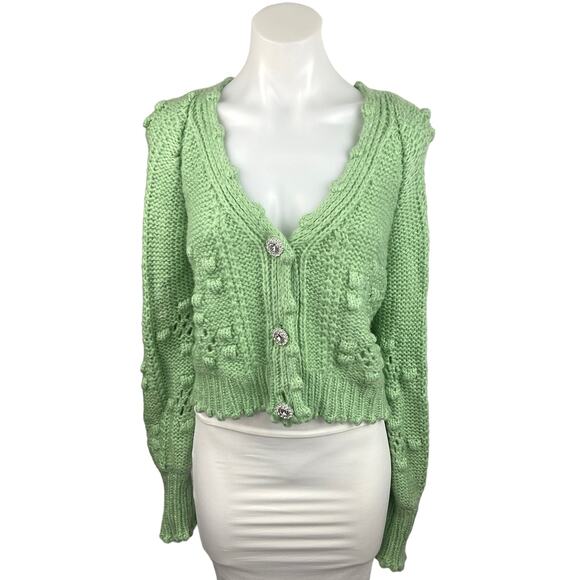 Sunday Up Green V Neck Popcorn Crochet Knit Button Down Cardigan Sweater Top S - Picture 1 of 5